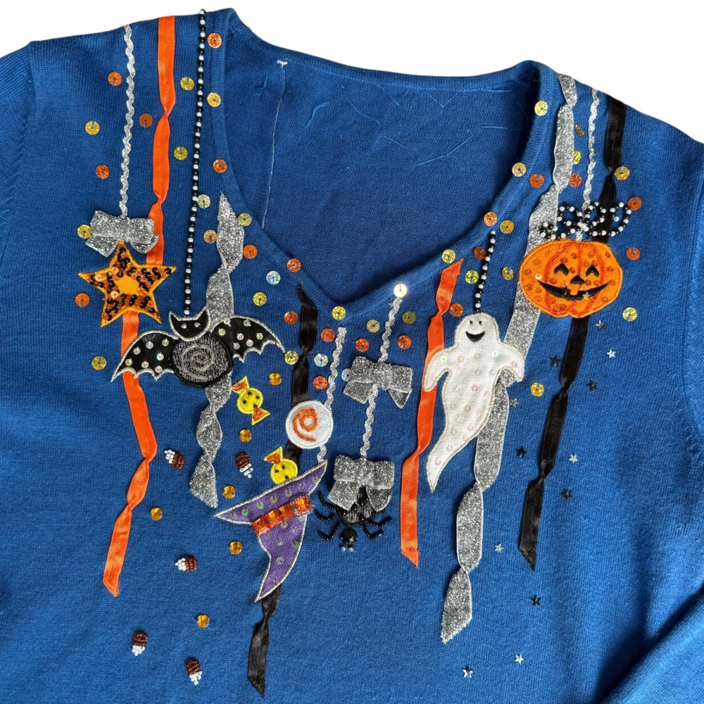 Vintage Jack B Quick Halloween Embellished V-Neck Sweater Ghost 3/4 Sleeve L 90s